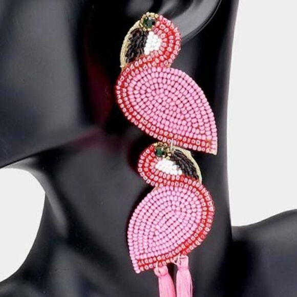 Flamingo Pink Seed Beaded Tassel Dangle Earrings - Picture 2 of 6